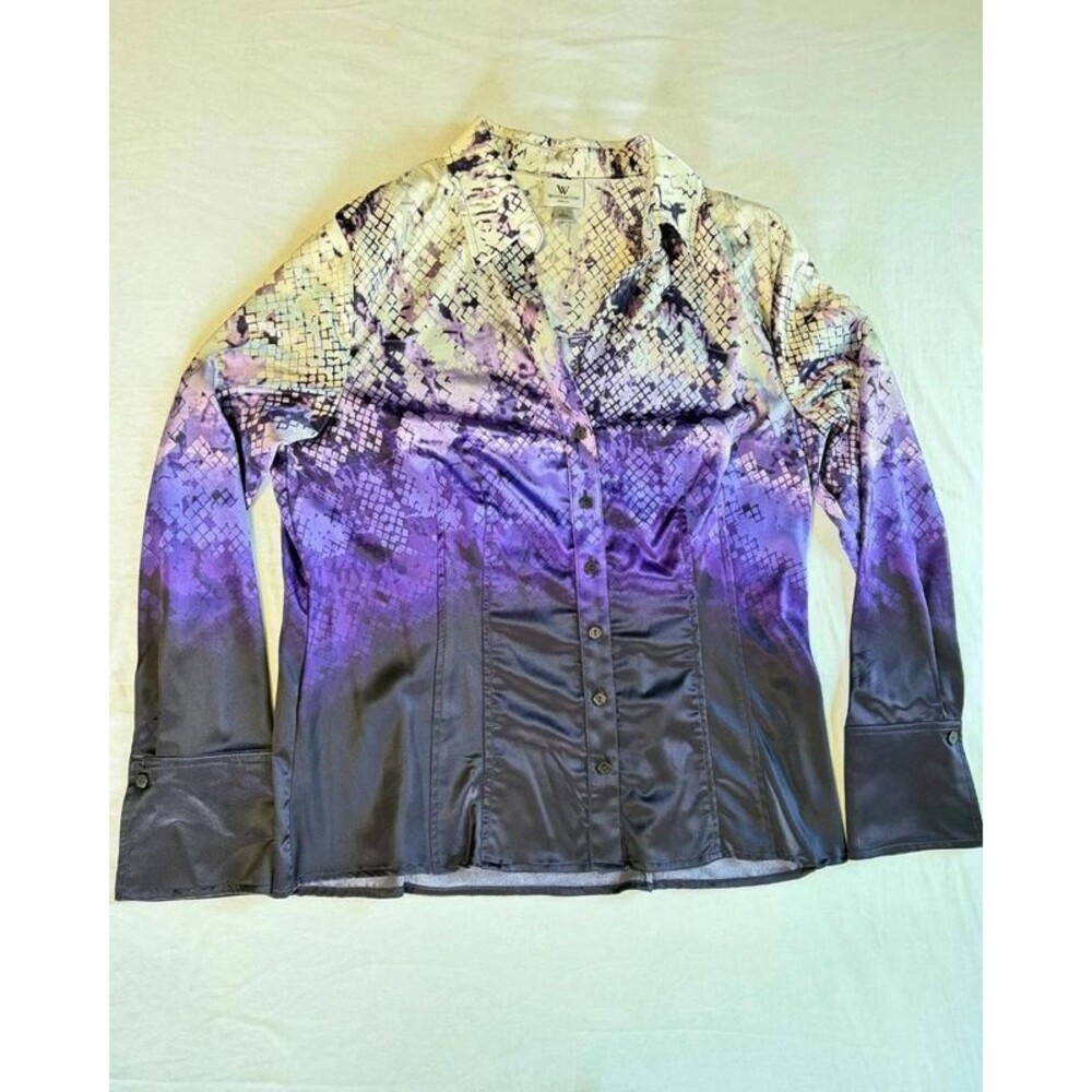 Worthington Purple Abstract Button Blouse Womens L Silky Long Sleeve Work Shirt
